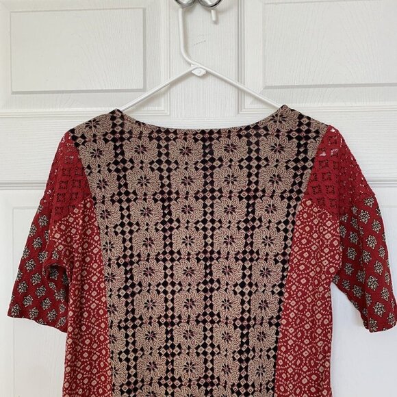 Lucky Brand Women's Shirt Top Size Small Black Tan Red 1/2 Sleeve Crochet - Picture 8 of 10
